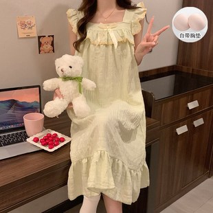 睡裙女夏季云朵棉短袖公主风纯色甜美花边小仙女宽松连衣裙家居服