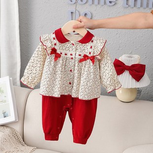 婴儿春装衣服连体衣纯棉假两件爬服甜美公主可爱6月1岁女宝宝哈衣