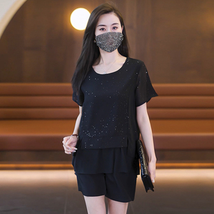 大码女装2024夏装新款洋气短袖套装时尚气质雪纺上衣短裤两件套女