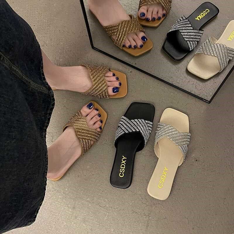 大码女鞋41一43法式水钻平底方头一字拖鞋女仙女风配裙子气质凉拖,女鞋,一字拖,淘宝优惠券,粉丝福利购,淘宝优惠卷