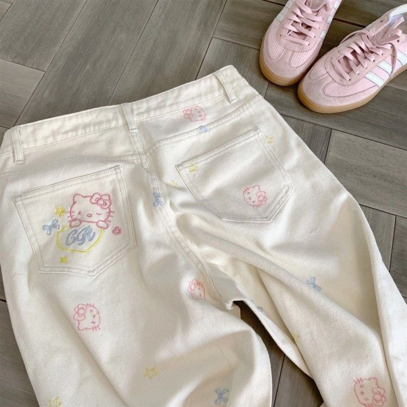美式复古刺绣可爱猫咪阔腿牛仔裤女慵懒风宽松显瘦垂感直筒拖地裤,女装/女士精品,大码裤装,淘宝优惠券,粉丝福利购,淘宝优惠卷