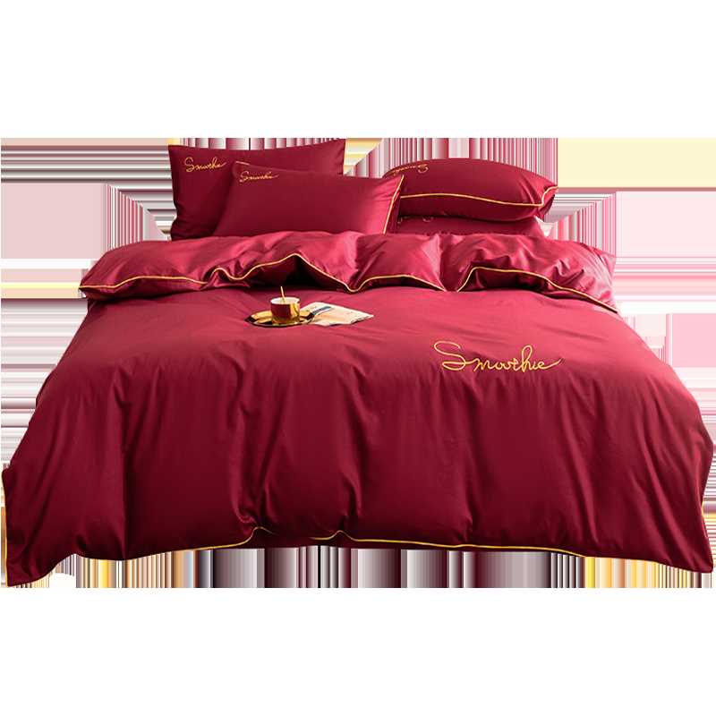 高档婚庆四件组全棉纯棉10w0床上用品大红色被子新婚结婚被套床单