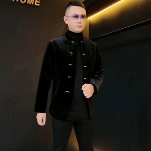 秋冬男丝绒压格中国风唐装盘扣薄棉夹克外套黑色修身显瘦二棉上衣