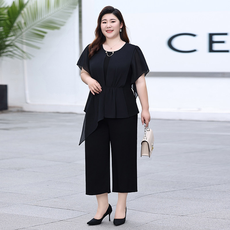 大码妈妈时尚法式套装女夏季雪纺短袖宽松阔腿裤胖妹妹洋气两件套