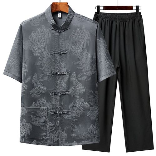 夏季唐装男士衬衫新款休闲短袖中老年人汉服冰丝衣服爸爸爷爷套装