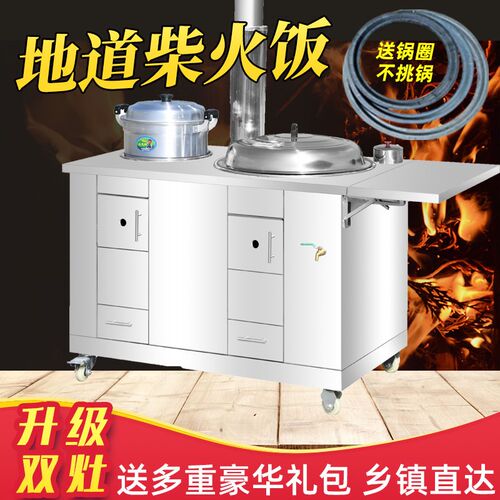 农村不锈钢双锅柴火灶家用烧木材移动土灶台节能炉子双灶台柴火炉