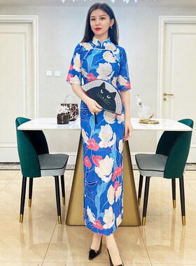 RL复古民国新中式改良旗袍裙盘扣立领长裙修身显瘦网纱连衣裙大码