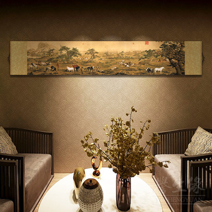 郎世宁百骏图新中式丝绸卷轴挂画餐厅书房国画墙画卧室客厅装饰画