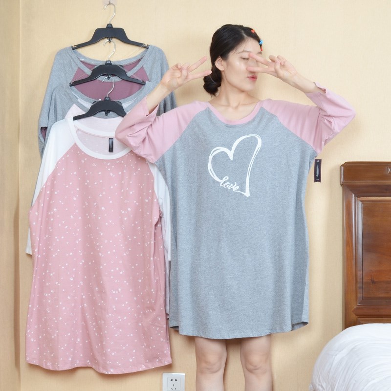 睡裙女冬纯棉七分袖春秋孕妇宽松大码睡衣女薄款可爱中袖家居裙子