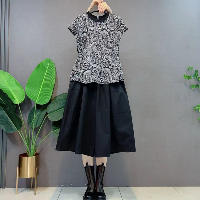 胖妹妹2025夏季新款大码女装欧货无袖印花上衣搭七分阔腿裤两件套