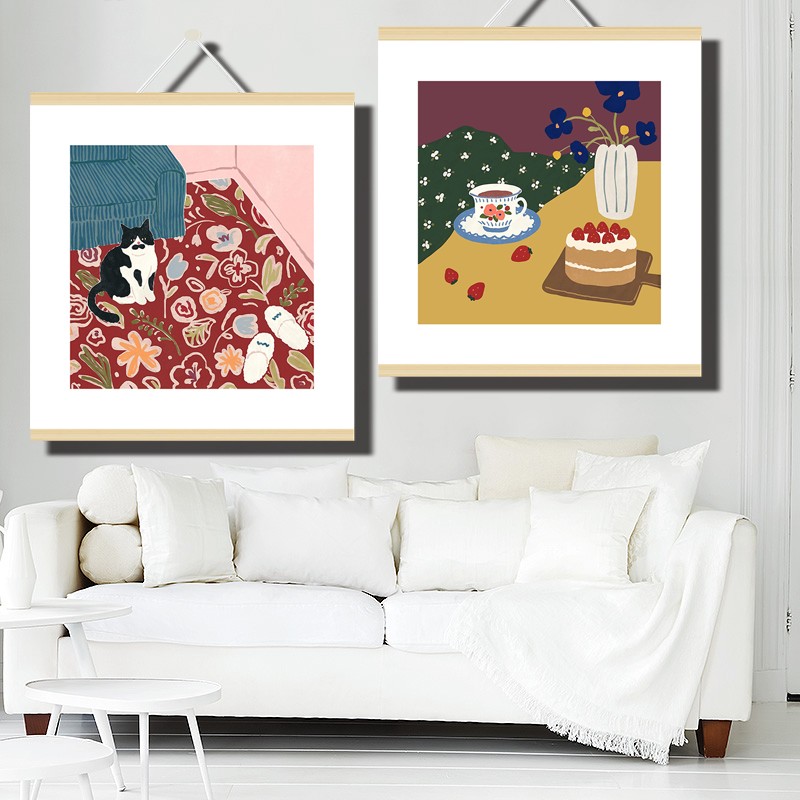 in卡通插画挂画房间一角装饰画客厅壁画拍照背景墙画布定制