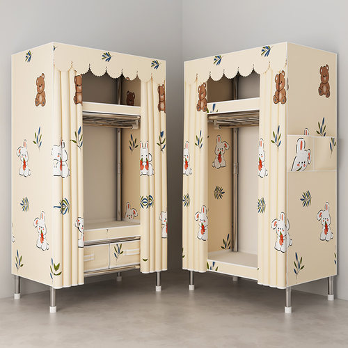 带抽屉布家用卧室出租房结实耐用全钢架加粗加厚小型衣橱