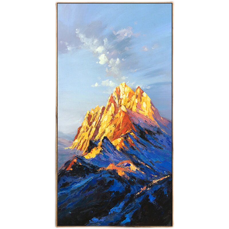 手绘油画玄关客厅装饰画日照金山书房办公室竖幅背靠山图沙发挂画