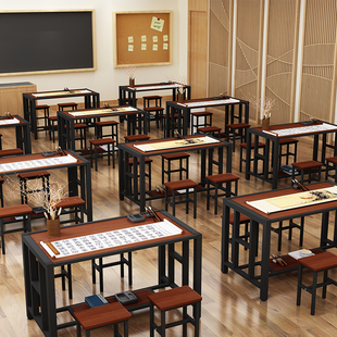 培训学习桌中学生钢木桌铁艺棋盘桌绘画桌书法 辅导班课b桌椅套装