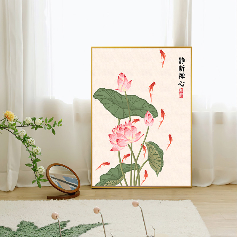 荷数字油画客厅卧室简单手工治愈填色画油彩装饰画画丙烯