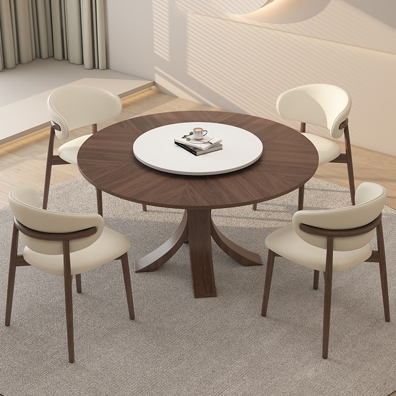 全实木餐桌圆桌家用小户型奶油中古风高级感圆形胡桃色吃饭桌子