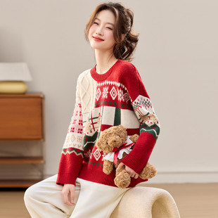 冬季 长袖 甜美 套头费尔岛风氛围感针织衫 圣诞节红色毛衣女士25新款