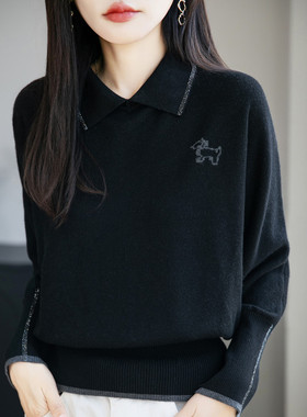 甜美翻领套头毛衣女士黑色宽松百搭针织打底秋季穿搭长袖休闲刺绣