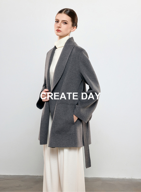 CREATE DAY ROW风 30%山羊绒短款大衣女青果领绵羊毛收腰毛呢外套