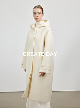 CREATE DAY BC家100%绵羊毛 立领连帽长款大衣女秋冬白色毛呢外套