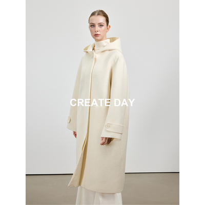 CREATE DAY BC家100%绵羊毛 立领连帽长款大衣女秋冬白色毛呢外套