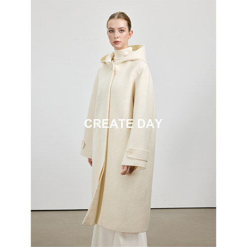 CREATE DAY BC家100%绵羊毛 立领连帽长款大衣女秋冬白色毛呢外套