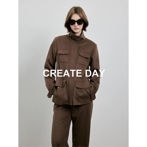 CREATE DAY LP20%桑蚕丝/丝毛轻奢旅行者立领工装绵羊毛外套