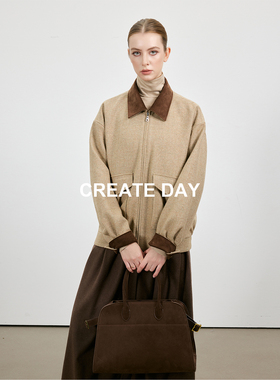 CREATE DAY 100%绵羊毛 MIU系夹克女秋冬复古摩登美拉德拼色外套