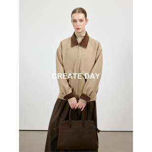 CREATE DAY 100%绵羊毛 MIU系夹克女秋冬复古摩登美拉德拼色外套