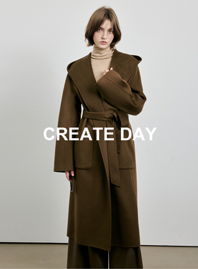 CREATE DAY M家100%山羊绒优雅大翻领收腰长款双面呢大衣外套女冬