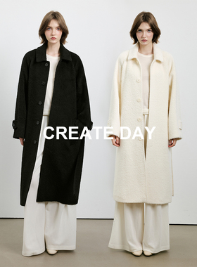 CREATE DAY BC苏丽圈圈拉毛收腰毛呢外套长款娃娃领羊毛大衣女冬