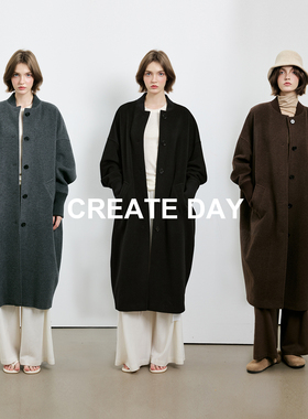 CREATE DAY pr*da10%羊驼毛螺纹拼接长款大衣双面呢绵羊毛外套女