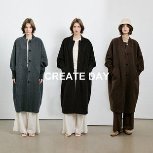 CREATE DAY pr*da10%羊驼毛螺纹拼接长款大衣双面呢绵羊毛外套女