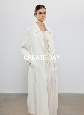 CREATE DAY 白色长款天丝风衣女秋冬ROW风气质收腰莱赛尔羊毛外套
