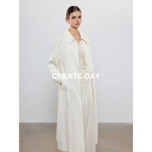 CREATE DAY 白色长款天丝风衣女秋冬ROW风气质收腰莱赛尔羊毛外套