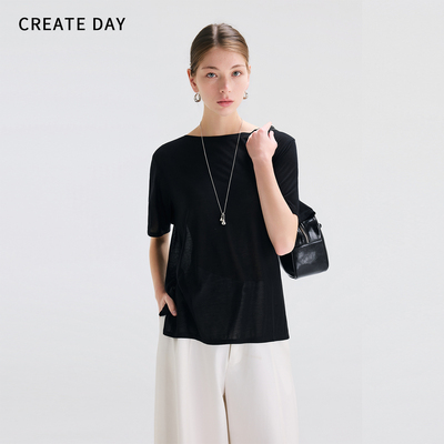 CREATE DAY 天丝凉感极简高级风开衩半截袖船型领正肩女短袖T恤