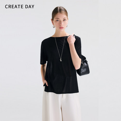 CREATE DAY 天丝凉感极简高级风开衩半截袖船型领正肩女短袖T恤
