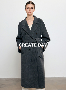 CREATE DAY 经典款 10%羊驼毛大衣秋冬绵羊毛长款双排扣毛呢外套