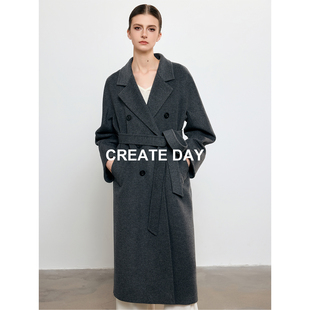 CREATE DAY 经典款 10%羊驼毛大衣秋冬绵羊毛长款双排扣毛呢外套