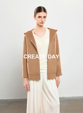 CREATE DAY M家100%山羊绒连帽外套女秋冬休闲拉链款保暖毛呢卫衣