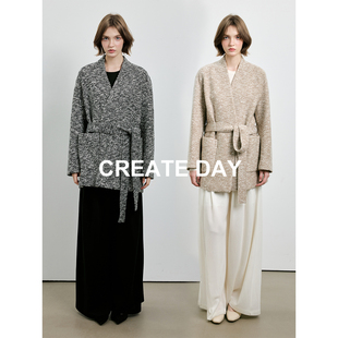 CREATE DAY 邓肯风100%绵羊毛V领短款大衣女秋冬收腰显瘦毛呢外套