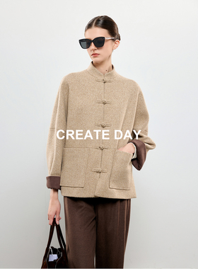CREATE DAY 100%绵羊毛新中式短款毛呢外套女装立领盘扣垂感上衣