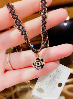韩国春季新款水晶锆石黑玫瑰项链吊坠气质时尚锁骨链短款颈链女潮