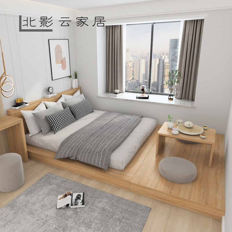 日式榻榻米低床双人落地板式床地铺地台矮床可定制实木简约带茶几图片