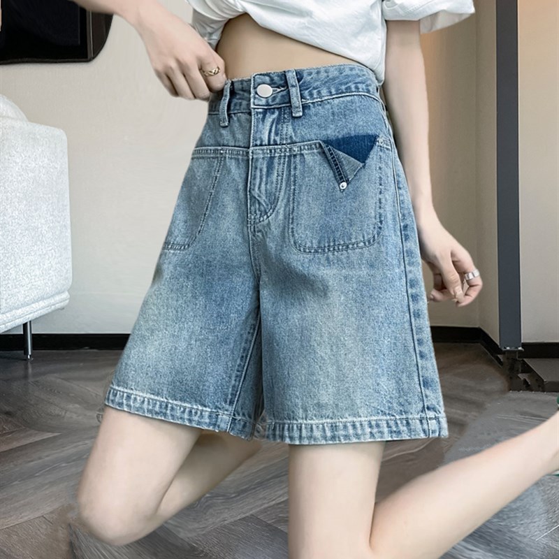 浅蓝色牛仔裤女冬季春秋直筒五分裤腿粗裤子高腰宽松阔腿5分短裤