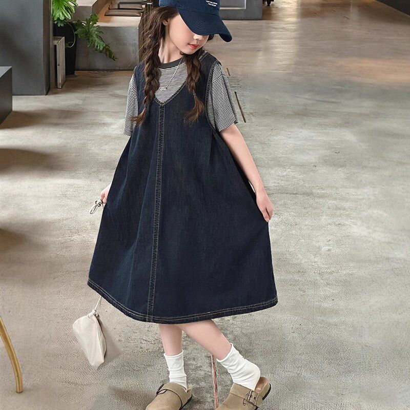 女童夏季牛仔连衣裙套装2025新款儿童夏装短袖T恤背心裙两件套图片