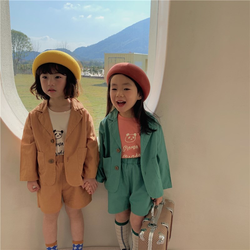 男女童2021春装女童时尚西装套装网红儿童宝宝休闲外套短裤两件套图片