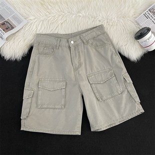 2025青少年阔腿水洗直筒五分裤 男生夏季 纯棉短裤 机能风多口袋工装