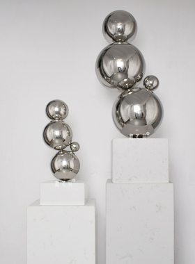 包豪斯不锈钢几何圆球大理石底座雕塑摆件样板间玄关酒店家居装饰