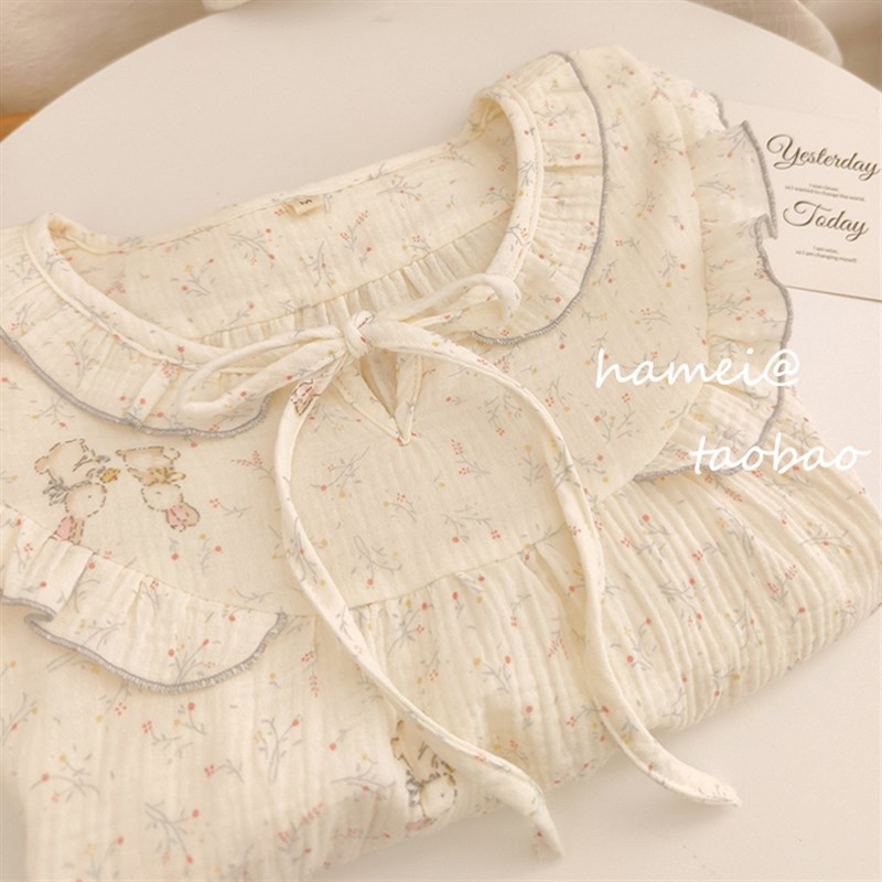 【森林小兔】柔软纯棉纱布甜美透气睡衣女款短袖短裤家居服套装夏